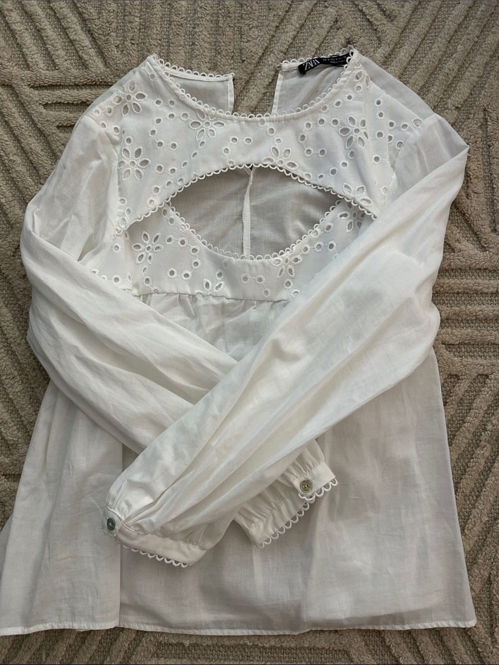 Zara White Eyelet Cutout Peasant Blouse